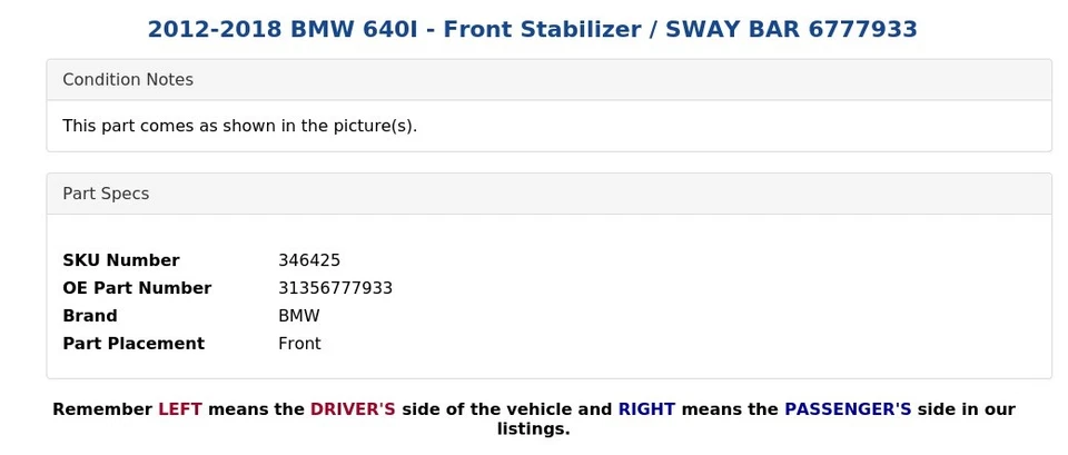 BMW 640I 2012-2018 - Estabilizador delantero / Barra estabilizadora 6777933 Foto 4 de 4