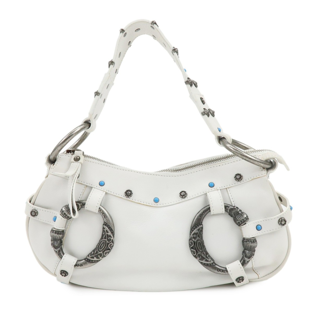 Dolce&Gabbana Leather Hand Bag Shoulder Bag Studs White Authentic 