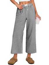 ANRABESS Women Striped Gingham Palazzo Cropped Pants Small, Black White Plaid