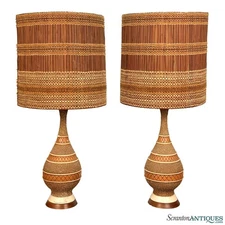 Mid-Century Boho Terracotta Chalkware Table Lamps w/ Maria Kipp Woven Shades