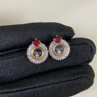 Chopard Happy Diamonds Earrings Gold Floating Diamond Ruby Halo NEW
