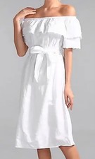Vintage GAP Women White Off-Shoulder Ruffle Eyelet Midi Dress in Linen-Cotton