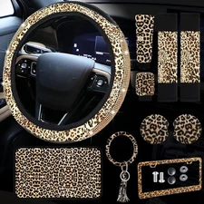 10 Pieces Leopard Print Car Accessories Set Diamond Cheetah Leopard Steering