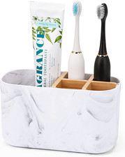 5 Slot Toothbrush Holder Organizer Marble Look w Bamboo Divider Bathroom