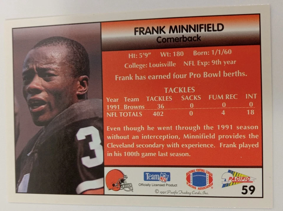 1992 Pacific - #59 Frank Minnifield Cleveland Browns - Image 2 of 2