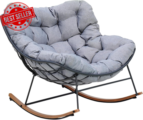 Outdoor Rocking Chair, E-Coated Papasan with Cushion, Patio Garden Recliner - Picture 3 of 11