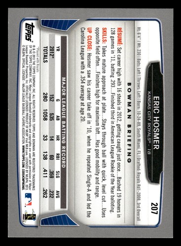 ERIC HOSMER ⚾ 2013 Bowman Hometown Parallel #207 Kansas City Royals - Picture 2 of 2