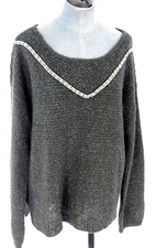 Womens Jumper Embellished Black Melange Slouchy Shiny Pearls Boat Neck Size L