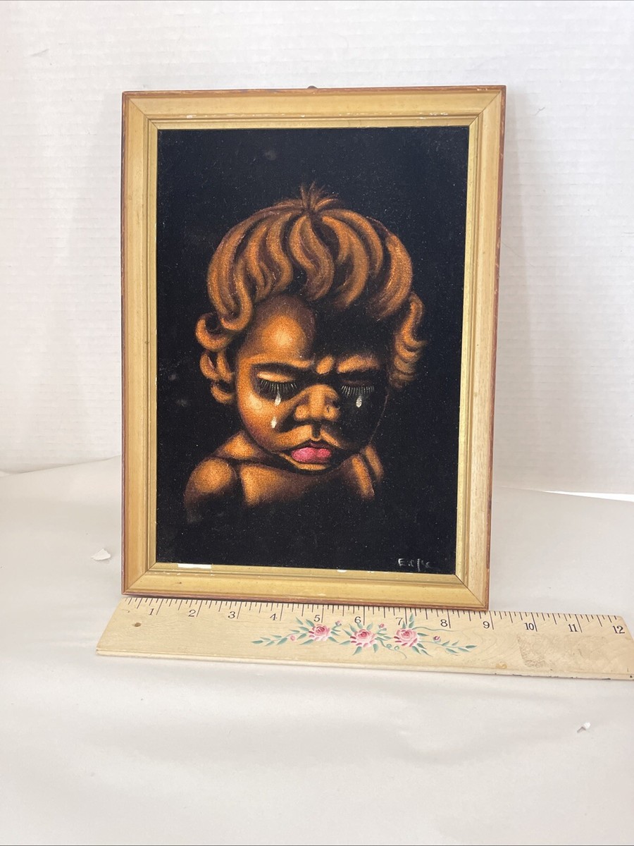 River Of Tears” Painting On Black Velvet Child Crying Signed