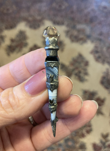 Antique Victorian Scottish Dirk Brooch 2" Kilt Pin Sterling Blue Agate Citrine