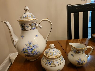 SCHUMANN Bavaria Germany Porcelain FORGET ME NOT Teapot Creamer and Sugar Bowl. 