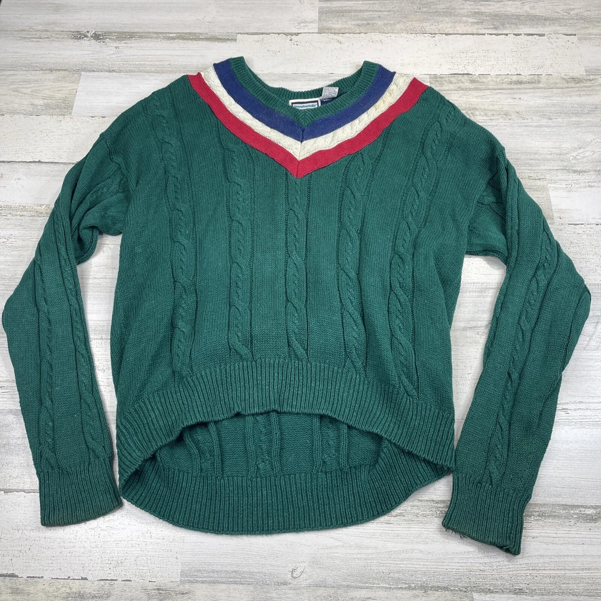 Vintage Weekends Tennis Sweater Mens XL Green V Neck Cable Knit