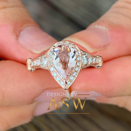 14K ROSE GOLD PEAR MORGANITE AND SIMULATED DIAMOND ENGAGEMENT RING HALO 2.50CTW - Picture 9 of 9
