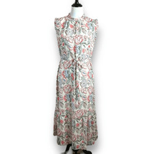 Loft Women's L Floral Flutter Sleeve Midi Dress Cream Multicolor Belted Modest
