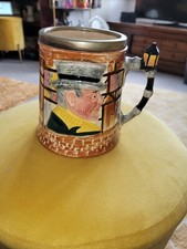 Lancaster & Sandland Hand Painted Dickens Ware Embossed Tankard Silver Plate Top