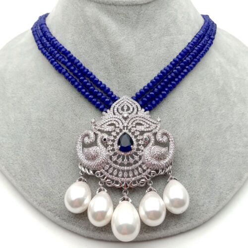 19" 3 Rows Blue Jade Necklace White Sea Shell Pearl CZ Pendant - Afbeelding 1 van 6