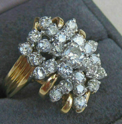 Huge 3Ct Simulated Diamond Waterfall Cluster Ring 14K Yellow Gold Plated Silver