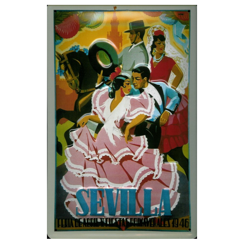 Plaque métal bombée Séville 1946, décoration murale gaufrée de collection