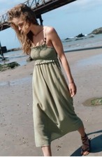 ZARA Khaki Midi Dress With Smocked Detail Bead Appliques - 4387/047 - Size XS