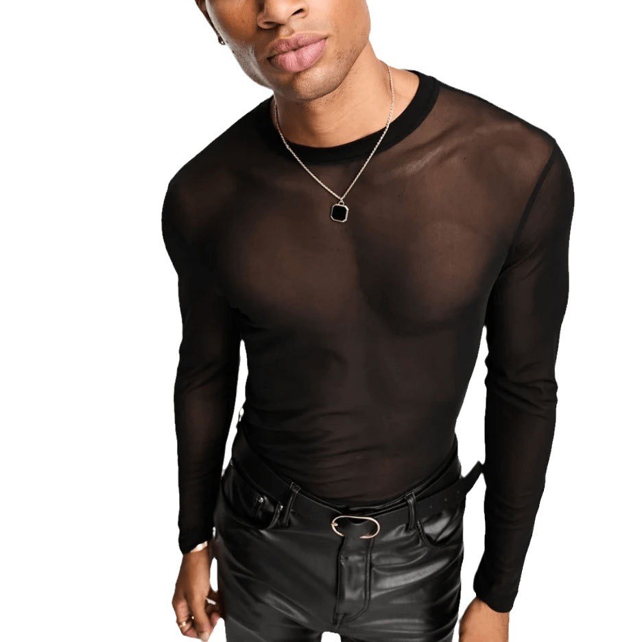 Mesh Long Sleeved Perspective T-Shirt for Men's Sexy Fitness Breathable Mesh