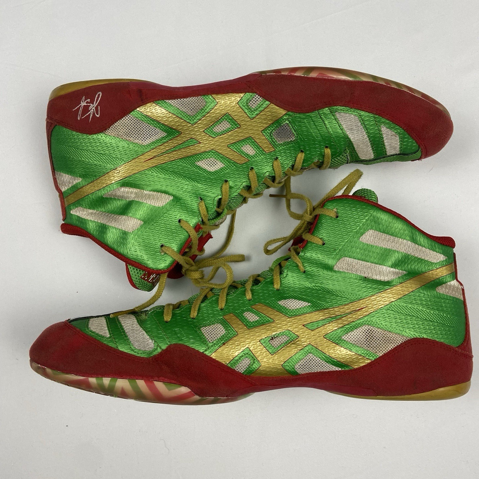 Rare ASICS JB Elite Wrestling Shoes J3A1Y Jordan Burroughs Green/Red/Gold Sz 14 thumbnail 10
