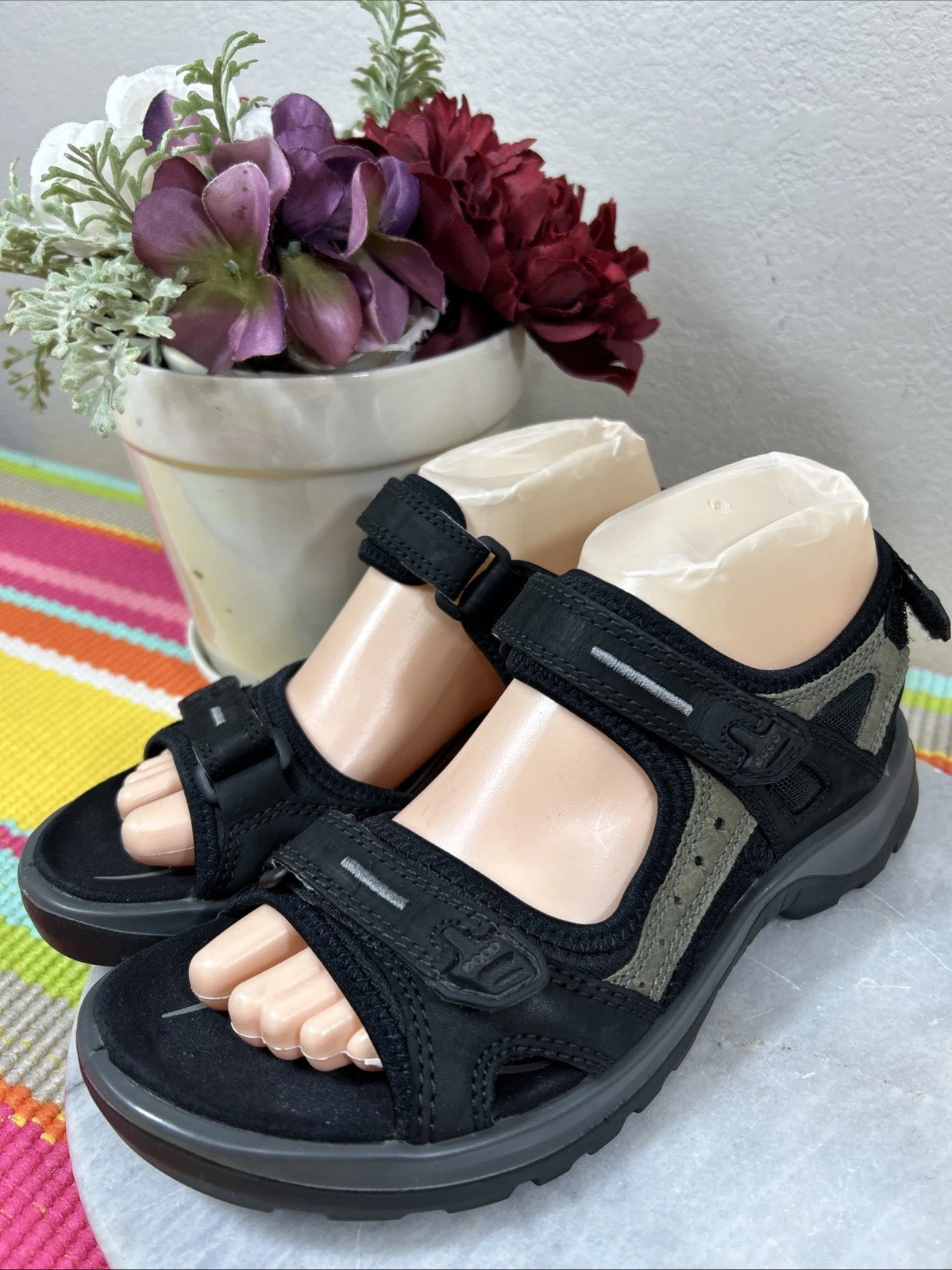 Sandali ECCO Receptor Technology neri e grigi con cinturino da uomo taglia EU 39 US 8 8 5 M