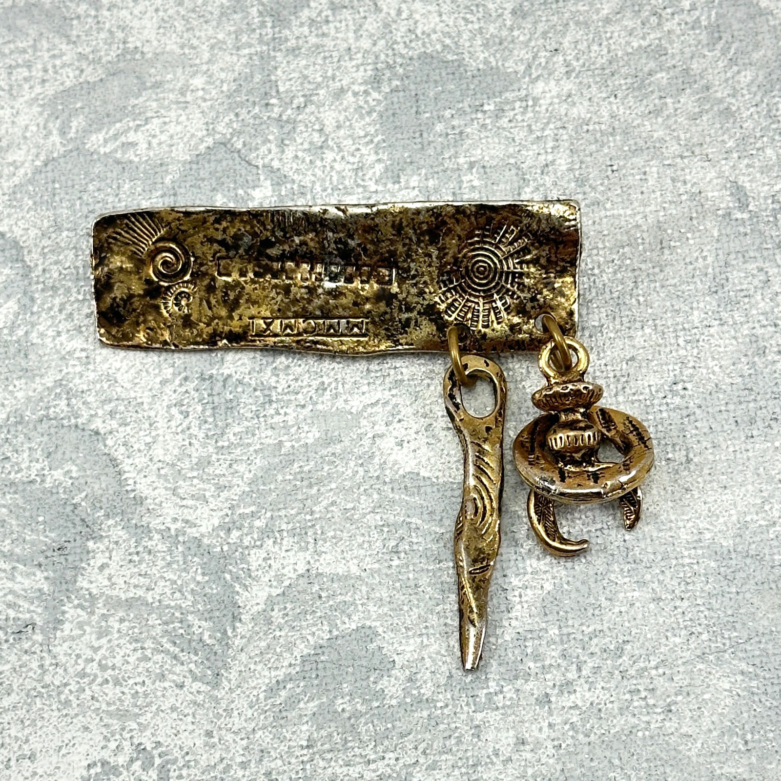 Brooch Signed? Ethnic Style Rectangular Gold Tone… - image 1