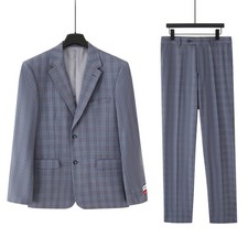 Men's gray polyester checked 2-piece suit tuxedo formal wear with elastic