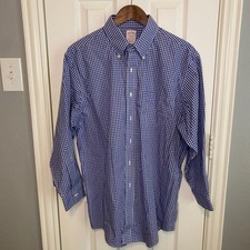 Brooks Brothers Madison Shirt Mens 16.5 32 Blue Gingham Non-Iron Supima Cotton