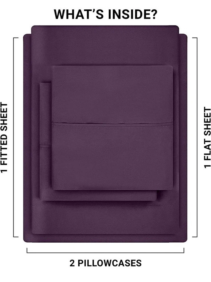 Queen Microfiber 4 Piece Bed Sheet Set with Pillow Cases Utopia. Purple - Image 3 of 4