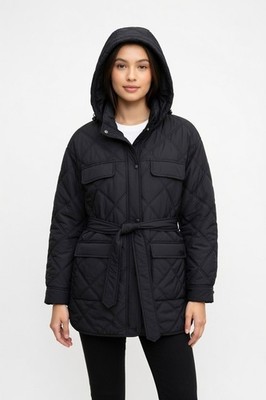 HUNTER Friday Diamond Quilted Packable Hooded Jacket Black M Removable Hood