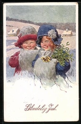 Künstler-AK Karl Feiertag: Kinder gehen in Winterkleidung spazieren 