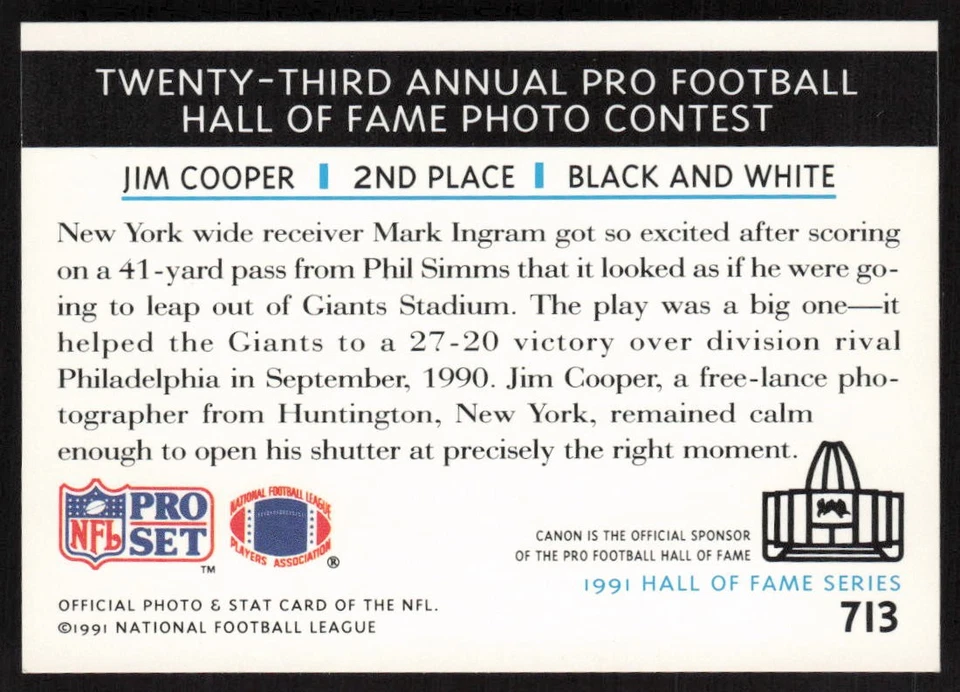 1991 Pro Set Mark Ingram #713 New York Giants - Image 2 of 2