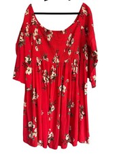 Torrid Red Floral Smocked Off-Shoulder Flare Sleeve Swing Dress WM Size 4X