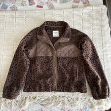 Abercrombie Fitch Size S Sherpa Fleece Quilted Snap Jacket Brown Animal Print