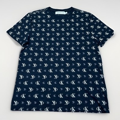 Calvin Klein Jeans T Shirt Mens Large CK Logo All Over Print Black Short Sleeve