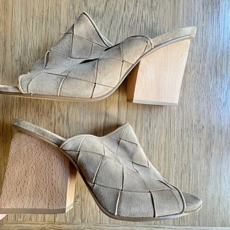 $255 новый без коробки Anthropologie BETTYE MULLER сплетенный бежевый замши мулы деревянные каблуки размер 10 М - Изображение 2 из 4