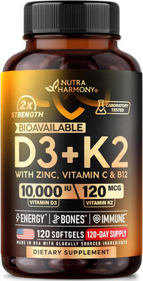 Vitamin D3 K2 - Vitamin D3 10000 Iu & K2 120 Mcg - Immune & Mood Support, for Bo