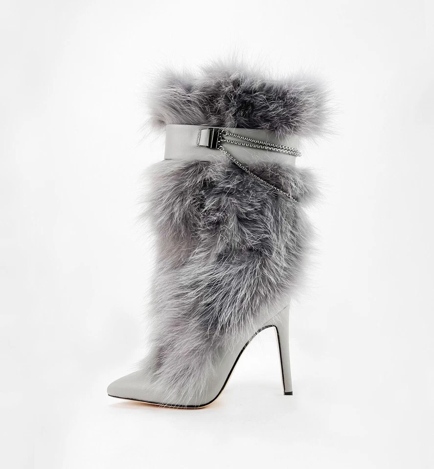 Botas hasta la rodilla de tacón alto con hebilla decoración de piel de vaca de lujo para mujer Foto 4 de 4