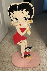Vintage Betty Boop Wood Double Sided Standup W/ Bimbo-Rare One-Shows Wear-π©·π©·