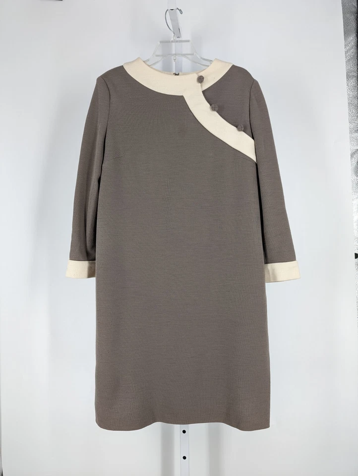 Vestido Bill Blass Vintage Años 70 80 Pasarela Tejido Mod Color Arte Marrón Cuello Mandarín Foto 2 de 4