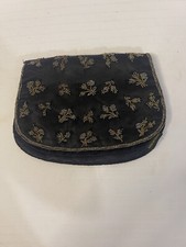 Vintage Black Fold-Over Clutch with Beaded Floral Design Made In France