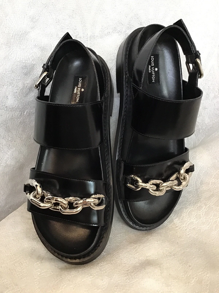 Louis Vuitton Shoe Black Samurai Sandal Buckle Strap Silver Chain Platform  37.5