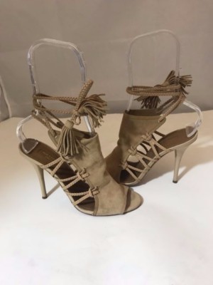 AQUAZZURA 101017 BEIGE SUEDE TIE UP SANDAL BOOTIE SZ 37.5