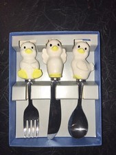 VTG LITTLE CHICKS CHILD/ TODDLER CUTLERY 3 PIECE SET CERAMIC STAINLESS STEEL