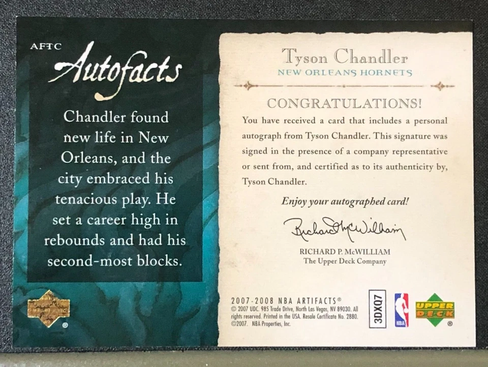 2007-08 Upper Deck Artifacts TYSON CHANDLER Autofacts Blue Ink Auto HORNETS 🏀 - Image 2 of 2