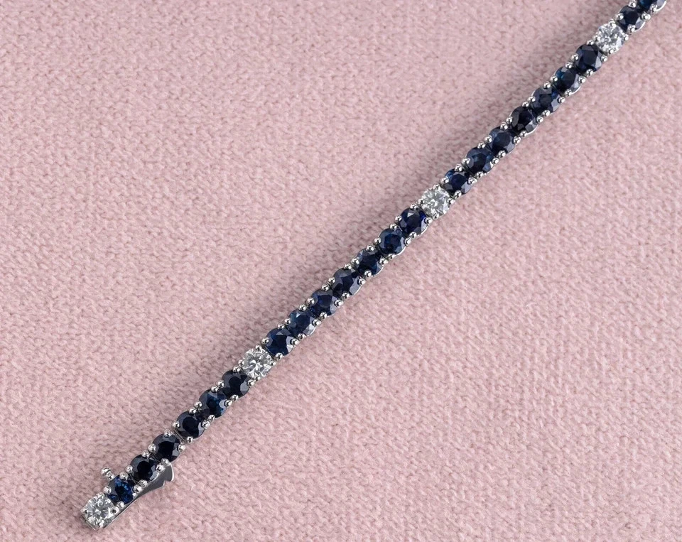 Brazalete tenis eslabones diamantes zafiro azul natural redondo de 15,00 quilates oro amarillo de 14 quilates Foto 3 de 4