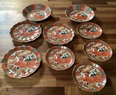 Lot of 9 Arita Imari China Peacock Dessert Bread Plates, Soup Bowls & Saucers