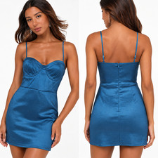 Lulus Dress Womens Small Blue Satin Bustier Bodycon Mini Party Strappy Sexy NWT