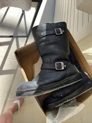 Ugg Leather Kensington Sutter Boots 1005374 Blk Women Sz 9 Fur Lined Logo Buckle